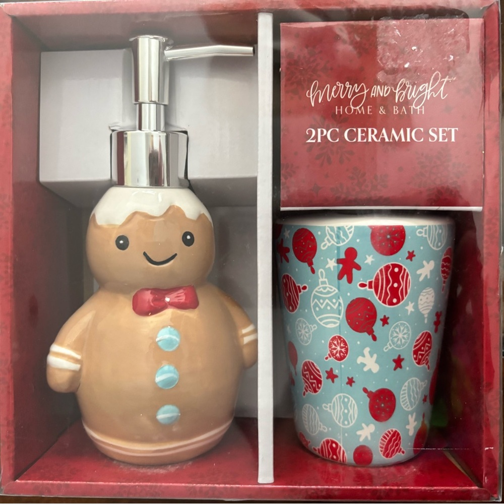 Gingerbread Man lotion Pump and Toothbrush Holder - Brown and Blue